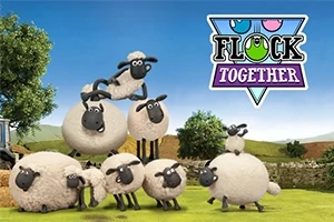 Yemyeşil bir manzara önündeki bir grup koyun ve sağ üst köşede Flock Together yazısı