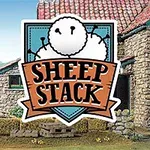 Taş evin önünde üst üste dizilmiş koyunlar ve Sheep Stack yazılı bir amblem