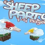 Bulutlu bir gökyüzü arka planında, kırmızı ve sarı bereli iki koyunla süslenmiş Sheep Party 1-4 Players yazılı grafik