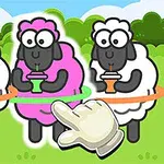 Üç koyun, ellerinde içecek ve bel çevrelerinde hula hooplarla yeşil bir alanda duruyor; koyunlardan biri pembe, diğerleri beyazdır ve bir el işareti öne çıkarılıyor