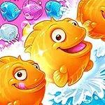 Renkli bir arka planda, neşeyle zıplayan büyük, turuncu balıklar ile arka planda pembe, mavi ve mor tonlarında daha küçük balıklar