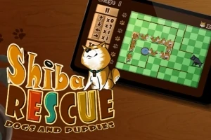 Tablet ekranında kareli bir oyun alanı üzerinde şirin bir köpek ve bulmacaya benzeyen bir motif yer alıyor, yanında Shiba Rescue yazısı var