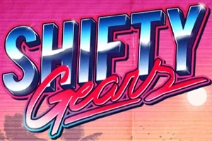 Pembe ve mavi neon yazılarla Shifty Gears ifadesi olan retro tarzda bir afiş