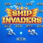 Mavi bir arka plan üzerinde, merkezi büyük yazıyla yazılmış Ship Invaders metni ve etrafta çeşitli taş ve gemi figürleri