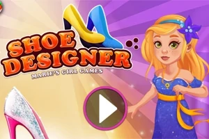Sarı saçlı bir kız, mavi elbise ve sarı topuklu ayakkabıları tutarken, renkli bir arka plan üzerinde büyükçe Shoe Designer yazısı