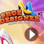 Sarı saçlı bir kız, mavi elbise ve sarı topuklu ayakkabıları tutarken, renkli bir arka plan üzerinde büyükçe Shoe Designer yazısı