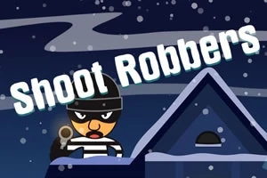 Çizgi film tarzında bir soyguncu, elinde silah tutarak karla kaplı çatının yanında duruyor; üzerinde Shoot Robbers yazısı bulunuyor