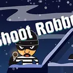 Çizgi film tarzında bir soyguncu, elinde silah tutarak karla kaplı çatının yanında duruyor; üzerinde Shoot Robbers yazısı bulunuyor