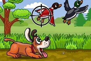 Çizgi tarzında bir sahnede, ağaçlar ve çalılarla dolu bir doğa manzarasında, bir köpek yerde yatarken, iki ördek gökyüzünde uçuyor; birinin üzerinde nişangah işareti var