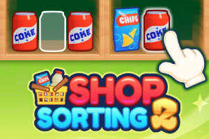 Bir mağaza reyonunda gazoz kutuları, cips paketi ve üzerinde SHOP SORTING yazısıyla bir sepet, el işaretiyle birlikte
