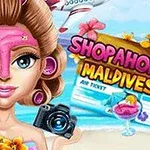 Pembe yüz maskesi uygulayan genç bir kadın kamera tutuyor, arka planda uçak ve Shopaholic Maldives yazısı görülebilir