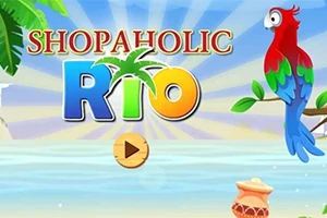 Renkli bir papağanın yer aldığı, tropikal temalı bir sahilde Shopaholic Rio yazısı ve deniz manzarası