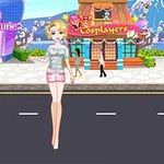 Bir cadde üzerinde duran, pembe şort ve desenli bluz giymiş sarışın bir kız ve arka planda Cosplayers yazılı bir dükkan