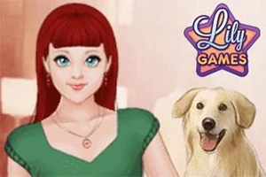 Kırmızı saçlı genç bir kadın ve yanında bir köpek, sağ üst köşede Lily Games logosu ile birlikte