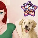 Kırmızı saçlı genç bir kadın ve yanında bir köpek, sağ üst köşede Lily Games logosu ile birlikte
