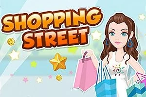 Shopping Street yazısı ve alışveriş çantaları taşıyan bir kadın çizimi