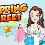 Shopping Street yazısı ve alışveriş çantaları taşıyan bir kadın çizimi