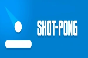 Mavi arka plan üzerinde beyaz bir daire, çubuk ve “SHOT-PONG” yazısı