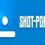 Mavi arka plan üzerinde beyaz bir daire, çubuk ve “SHOT-PONG” yazısı