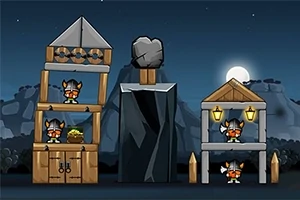 Gece vakti Viking benzeri karakterlerle dolu, ahşap yapılardan oluşan bir sahne