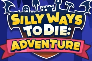 Silly Ways to Die: Adventure yazısıyla bir kale silueti bulunan mavi ve mor tonlarda illüstrasyon