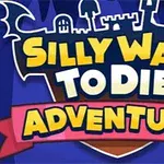 Silly Ways to Die: Adventure yazısıyla bir kale silueti bulunan mavi ve mor tonlarda illüstrasyon