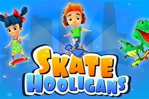Mavi arka planda kaykay yapan çocuklar ve dinozor ile büyük Skate Hooligans yazısı