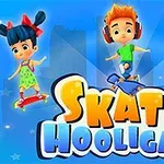 Mavi arka planda kaykay yapan çocuklar ve dinozor ile büyük Skate Hooligans yazısı