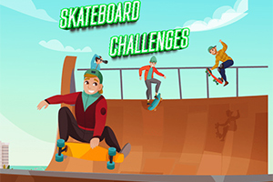 Üç kaykaycı rampa üzerinde çeşitli hareketler yaparken ve üzerinde Skateboard Challenges yazısı bulunan bir grafik
