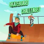 Üç kaykaycı rampa üzerinde çeşitli hareketler yaparken ve üzerinde Skateboard Challenges yazısı bulunan bir grafik