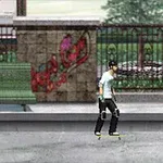Parkurda kaykay yapan bir kişi, arka planda grafiti, bank ve çitlerle çevrili bir şehir manzarası