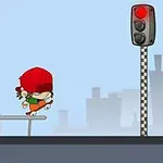 Kırmızı şapka ve yeşil kıyafet giyen bir çocuk, kırmızı ışık yanan bir trafik lambasının önünde kaykay yapıyor