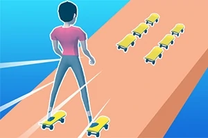 Pembe tişörtlü bir kişi, uçsuz bucaksız bir yolda ayaklarında kaykaylarla ilerliyor ve yolda dizili sarı kaykaylar görünüyor