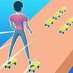 Pembe tişörtlü bir kişi, uçsuz bucaksız bir yolda ayaklarında kaykaylarla ilerliyor ve yolda dizili sarı kaykaylar görünüyor