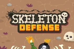Kahverengi bir arka plan üzerinde siyah dikenli tel ve Skeleton Defense yazısı, bir bomba, içki şişesi, ve kafatası görselleri
