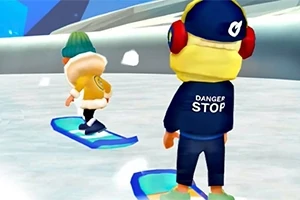 Kış kıyafetleri giymiş, snowboard yapan iki karakter