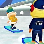 Kış kıyafetleri giymiş, snowboard yapan iki karakter