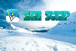 Karlarla kaplı dağların önünde büyükçe Ski Jump yazısı ve kayak yapan bir figür