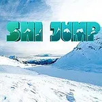 Karlarla kaplı dağların önünde büyükçe Ski Jump yazısı ve kayak yapan bir figür