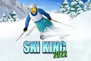 Karlarla kaplı dağlarda mavi ve yeşil kıyafetli bir kayakçı yüksek hızla aşağı doğru kayıyor, alt kısımda büyük harflerle SKI KING 2022 yazmakta