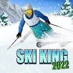 Karlarla kaplı dağlarda mavi ve yeşil kıyafetli bir kayakçı yüksek hızla aşağı doğru kayıyor, alt kısımda büyük harflerle SKI KING 2022 yazmakta
