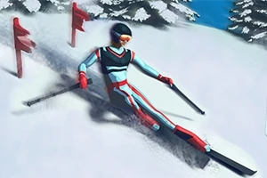 Kayak takımı giyen bir kişi, karlı bir yamaçta hızlı bir şekilde kayak yaparken gösterilmektedir