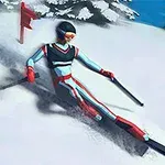 Kayak takımı giyen bir kişi, karlı bir yamaçta hızlı bir şekilde kayak yaparken gösterilmektedir