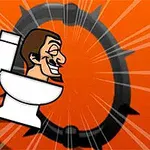 Turuncu bir arka plan üzerinde, bir tuvaletin içinde oturan ve gülümseyen bıyıklı bir adam karikatürü