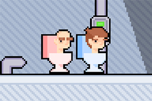 Pixel art tarzında iki karakter tuvaletlerde oturuyor