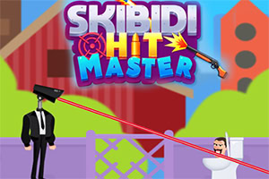 Kravatlı bir adamın kafası yerine kamera olan bir figür ile lazerle hedef alınmış klozetin içindeki karakter, renkli arka plan ve SKIBIDI HIT MASTER yazısı