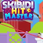 Kravatlı bir adamın kafası yerine kamera olan bir figür ile lazerle hedef alınmış klozetin içindeki karakter, renkli arka plan ve SKIBIDI HIT MASTER yazısı