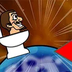 Kahverengi bir arka plan üzerinde, tuvalette oturan karikatürize bir adam ve büyük kırmızı bir ok ile birlikte mavi bir küre