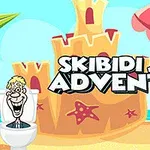 Çizgi film tarzında plajda kumdan kale, şemsiye yanındaki tuvalette oturan komik bir karakter