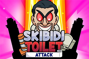 Kırmızı gözlü bir karakterin büyük harflerle yazılmış SKIBIDI TOILET ATTACK yazısının üzerinde yer aldığı renkli ve çizgi film tarzında bir illüstrasyon